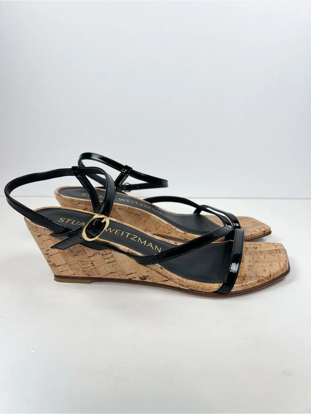 Stuart Weitzman Oasis 50 Wedge Sandal Black Patent Leather Cork size 6.5B
